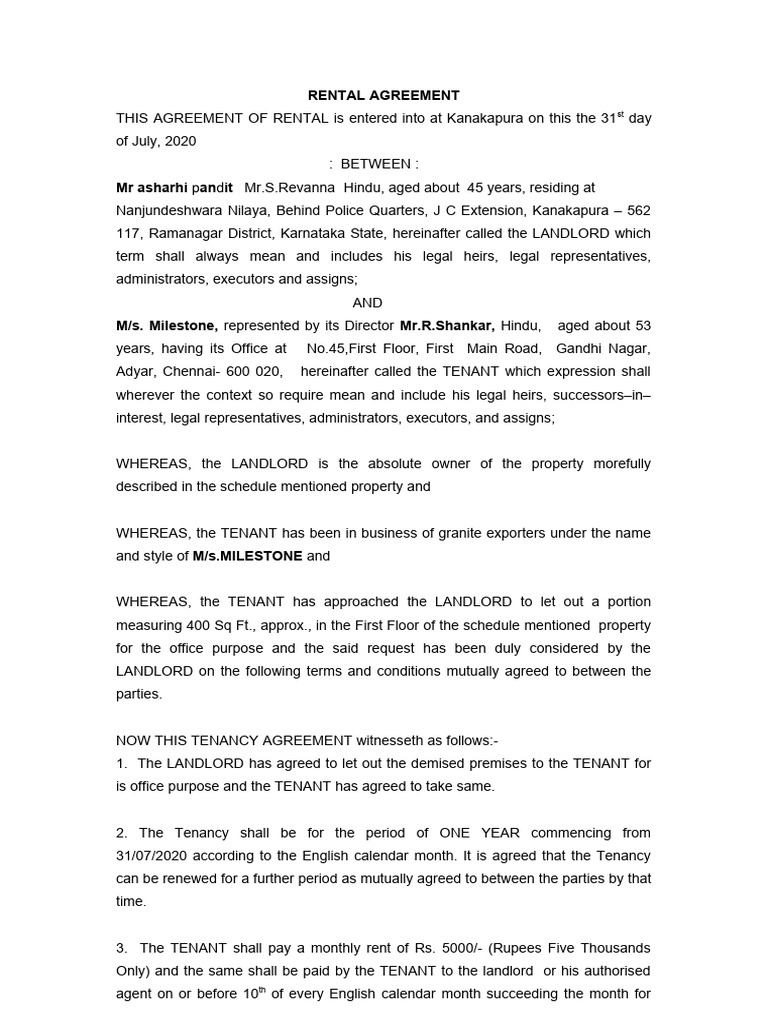 Rental Agreement For Office Premises 03082020 | PDF | Leasehold Estate ...