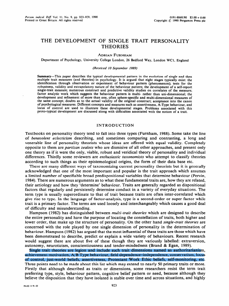 Evolution of Single Trait Personality Theories | PDF | Self Report ...
