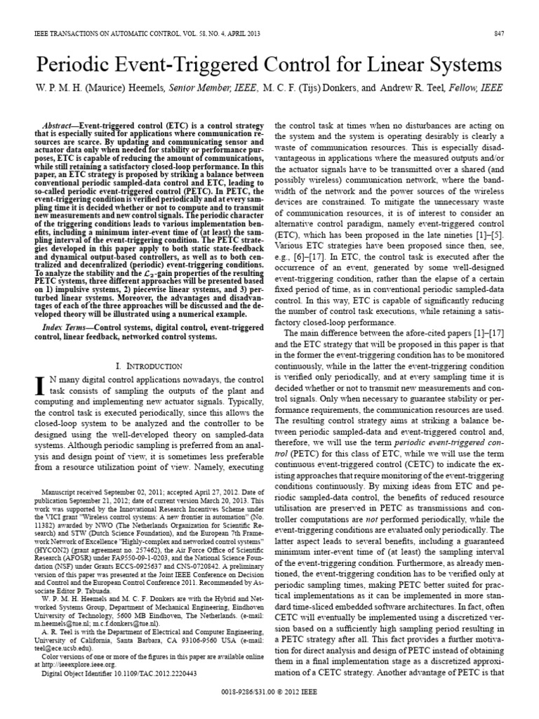 Periodic Event-Triggered Control For Linear Systems | PDF | Matrix ...