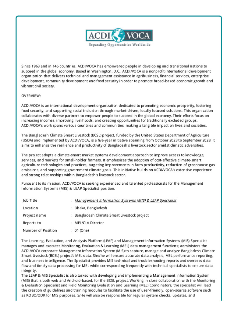 ACDI/VOCA Bangladesh MIS Specialist Role | PDF | Collaboration | Databases