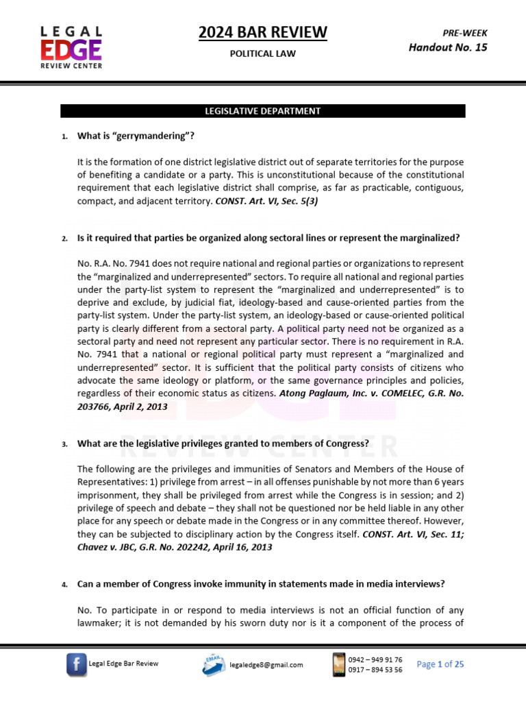 Pre-Week - HO 15 - Political Law - V2.PDF | PDF | Executive Privilege | Presidents Of The United ...