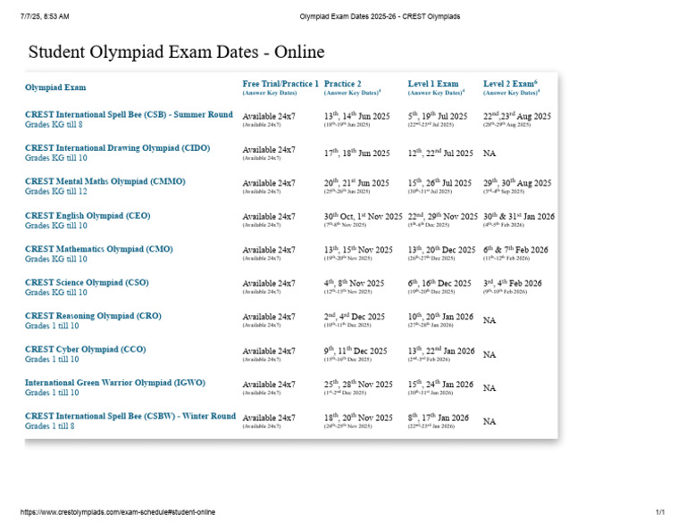 Olympiad Exam Dates 2025-26 - CREST Olympiads | PDF | Military Operations