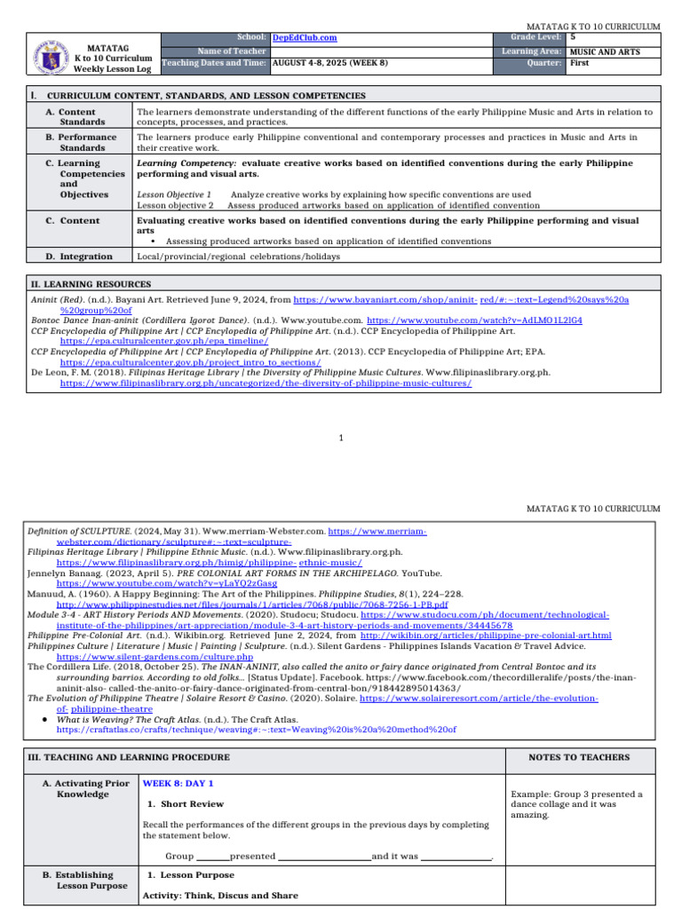 Grade 5 Music and Arts Week 8 Plan | PDF | Learning | Curriculum