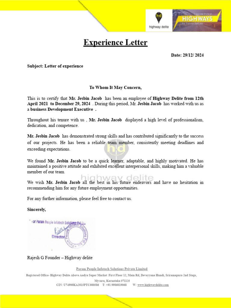 Date: Subject: Letter of Experience | PDF