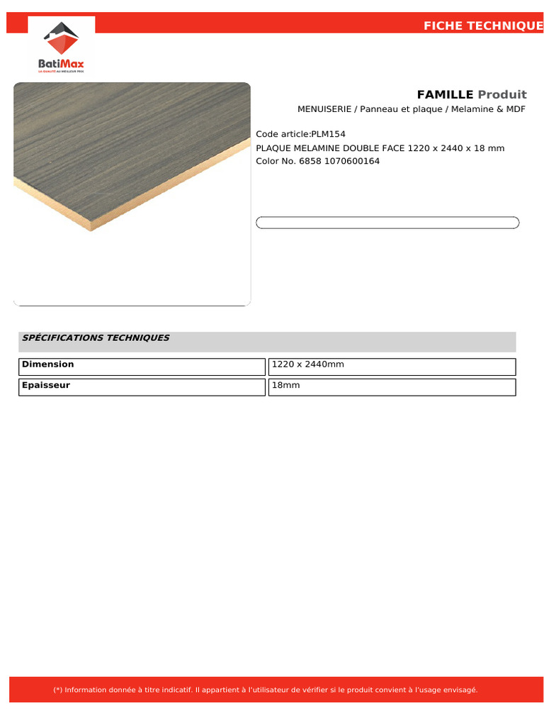 Plaque Mélamine Double Face 18mm 1220x2440 | PDF