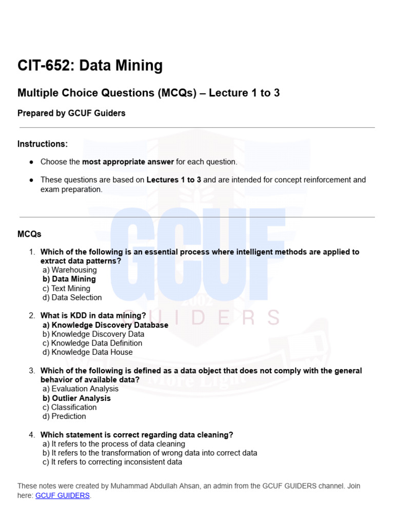 Data Mining MCQs for Exam Prep | PDF | Data Mining | Data