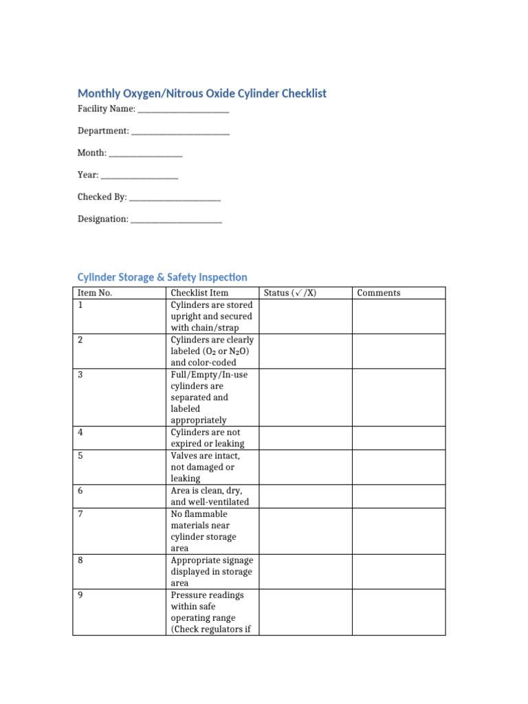 Monthly Oxygen/Nitrous Oxide Checklist | PDF