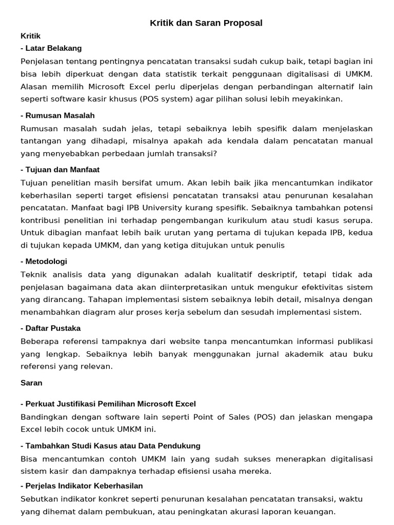 Kritik dan Saran Proposal Digitalisasi UMKM | PDF