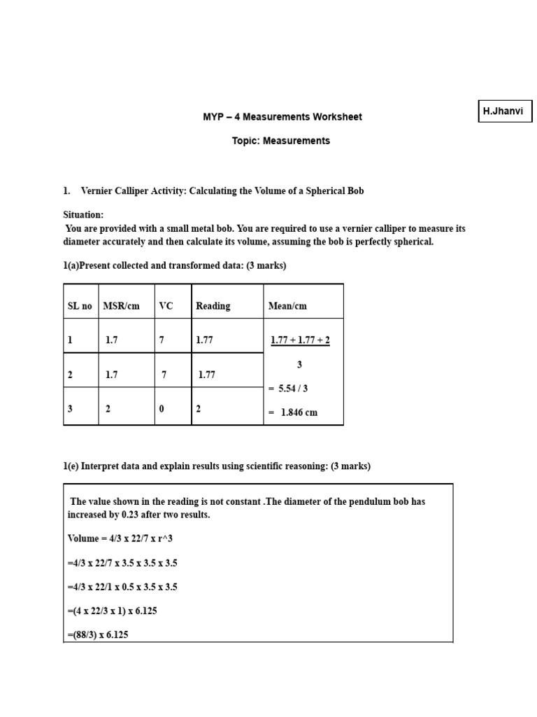 MYP Measurements Worksheet Guide | PDF