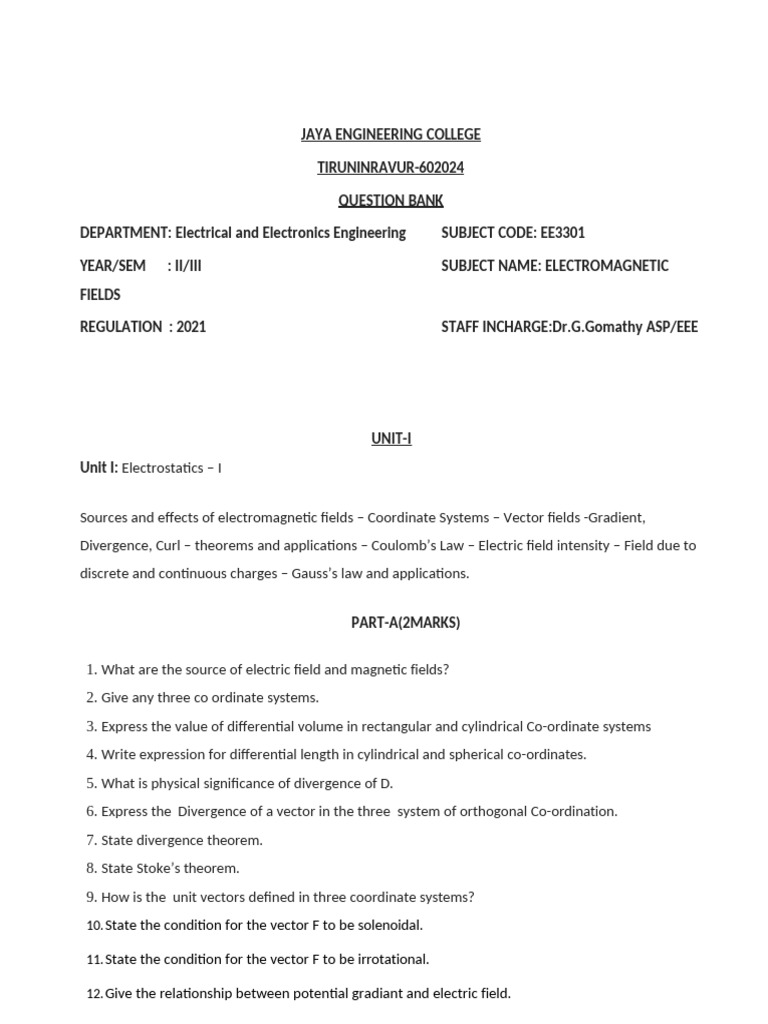 EE3301 Electromagnetic Fields Question Bank | PDF | Magnetic Field | Waves
