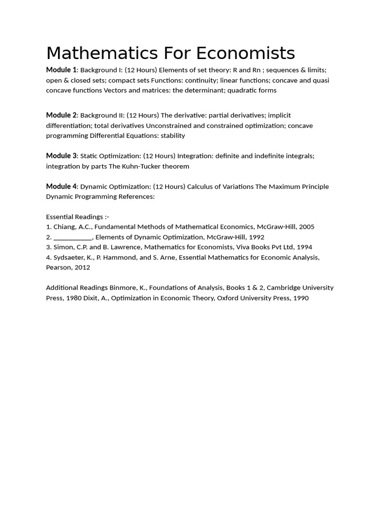 Mathematics for Economists Course Outline | PDF