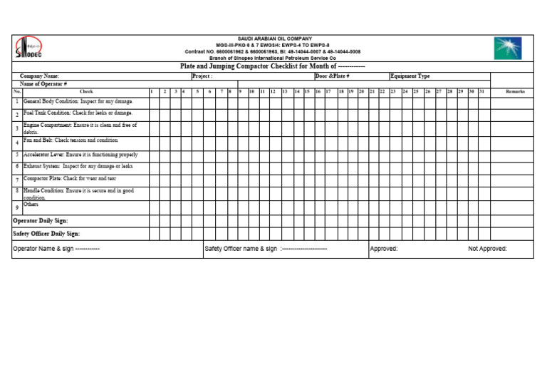 Plate Compactor Monthly Checklist | PDF
