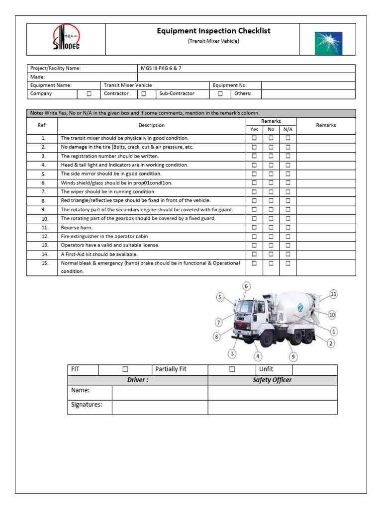 Transit Mixer Inspection Checklist | PDF | Vehicles