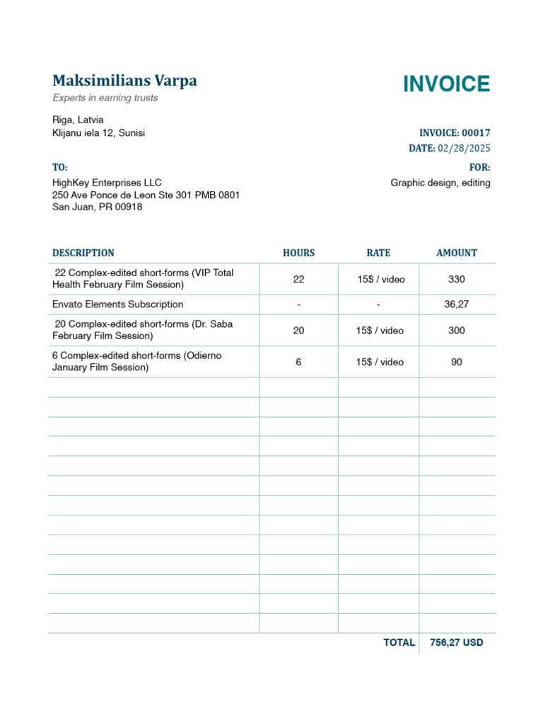 Invoice for Video Editing Services | PDF