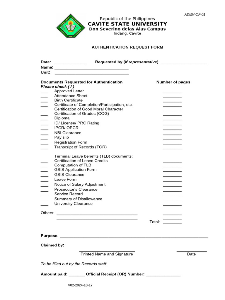 Cavite State University Authentication Form | PDF | Authentication