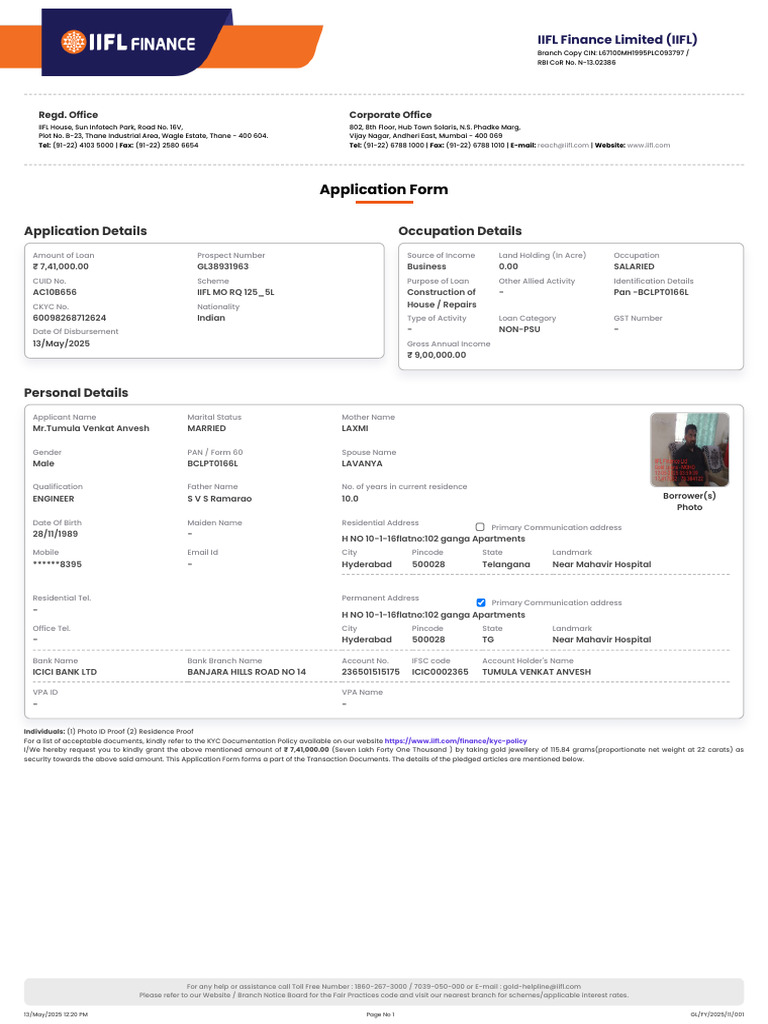 IIFL Gold Loan Application Details | PDF | Loans | Value Added Tax