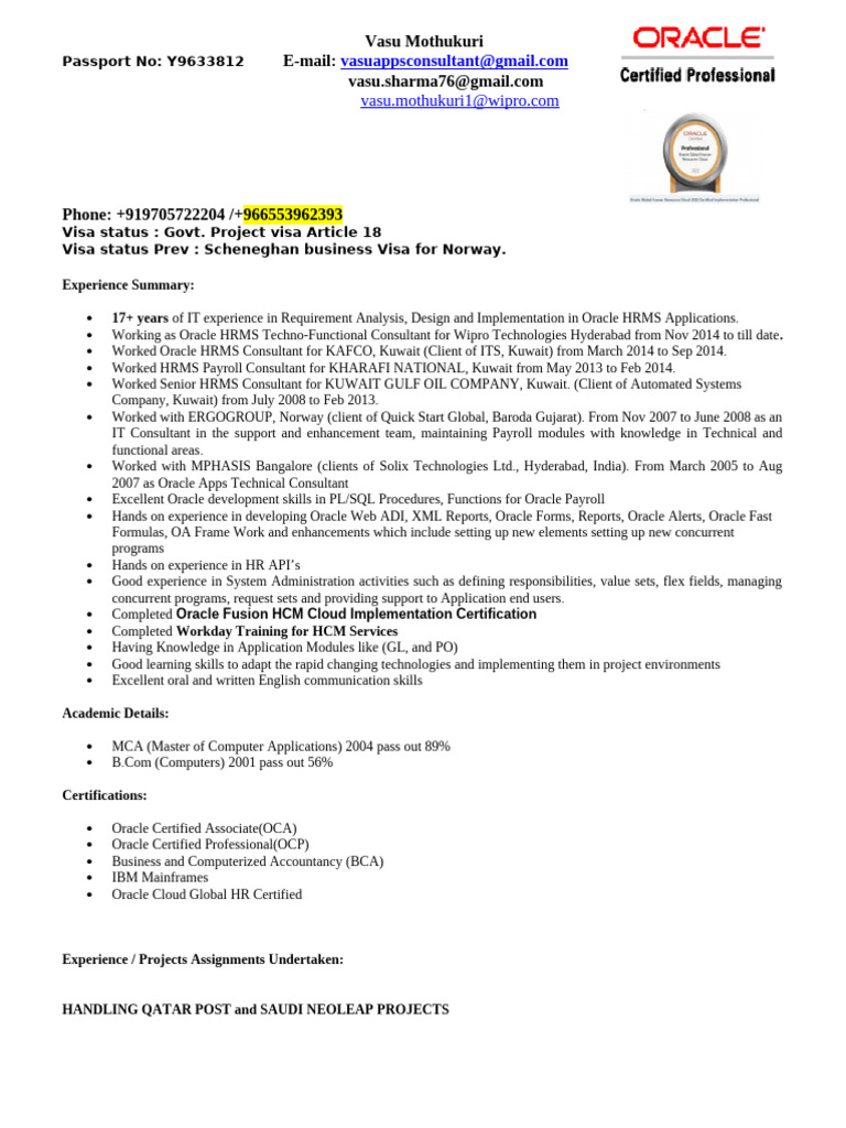 Oracle HRMS Consultant Profile | PDF | Oracle Corporation | Information ...