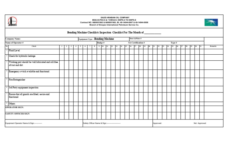PIPE BENDING Inspection Checklist | PDF
