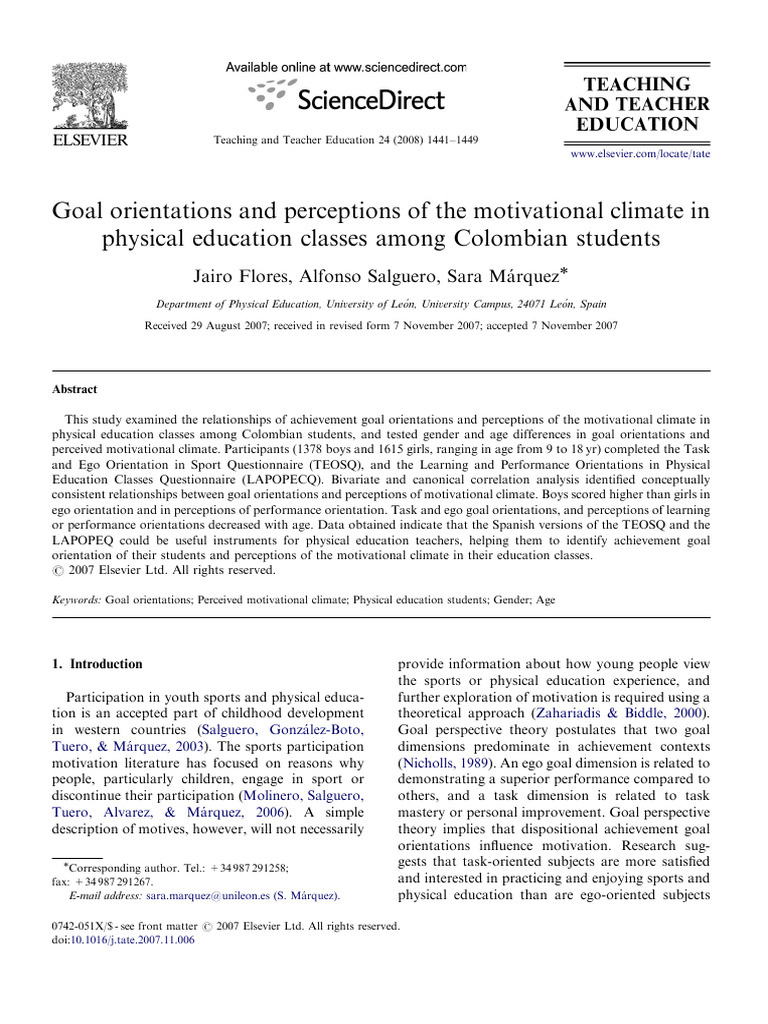 Goal Orientations and Perceptions of The Motivational Climate in PE ...
