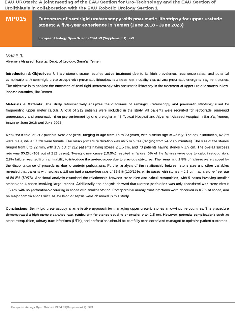 Outcomes of Semirigid Ureteroscopy With Pneumatic Lithotripsy For Upper ...