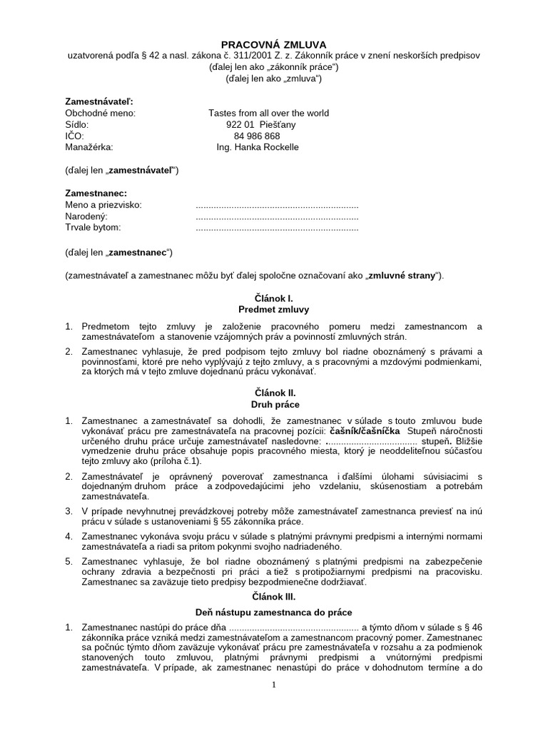 Pracovna Zmluva Profesia Vzor | PDF