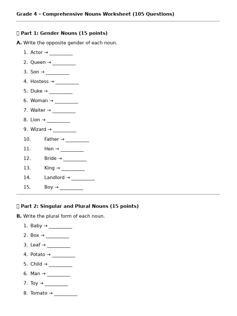 Nouns and Pronouns Worksheet for Grade 4 | PDF | Noun | Plural