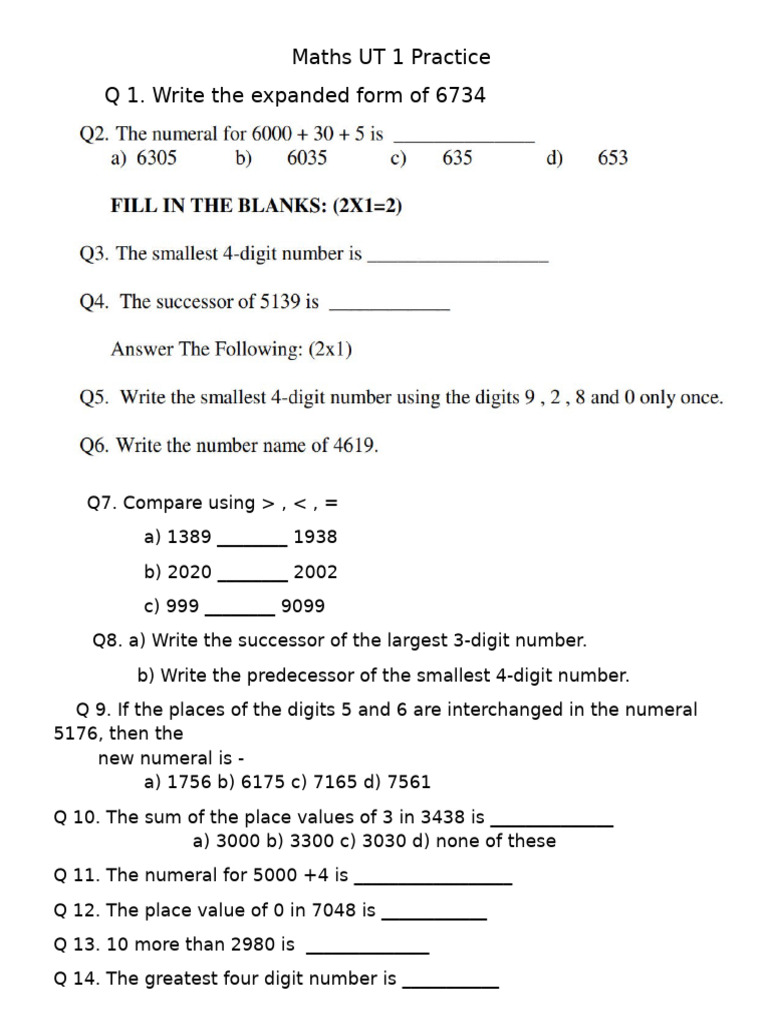 Maths UT 1 Practice | PDF