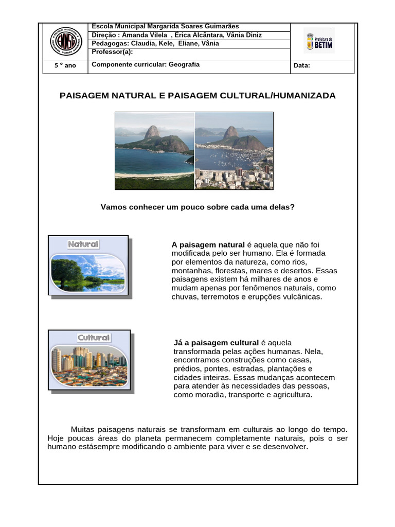 Paisagens Natural e Cultural: Atividades Educativas | PDF | Paisagem ...