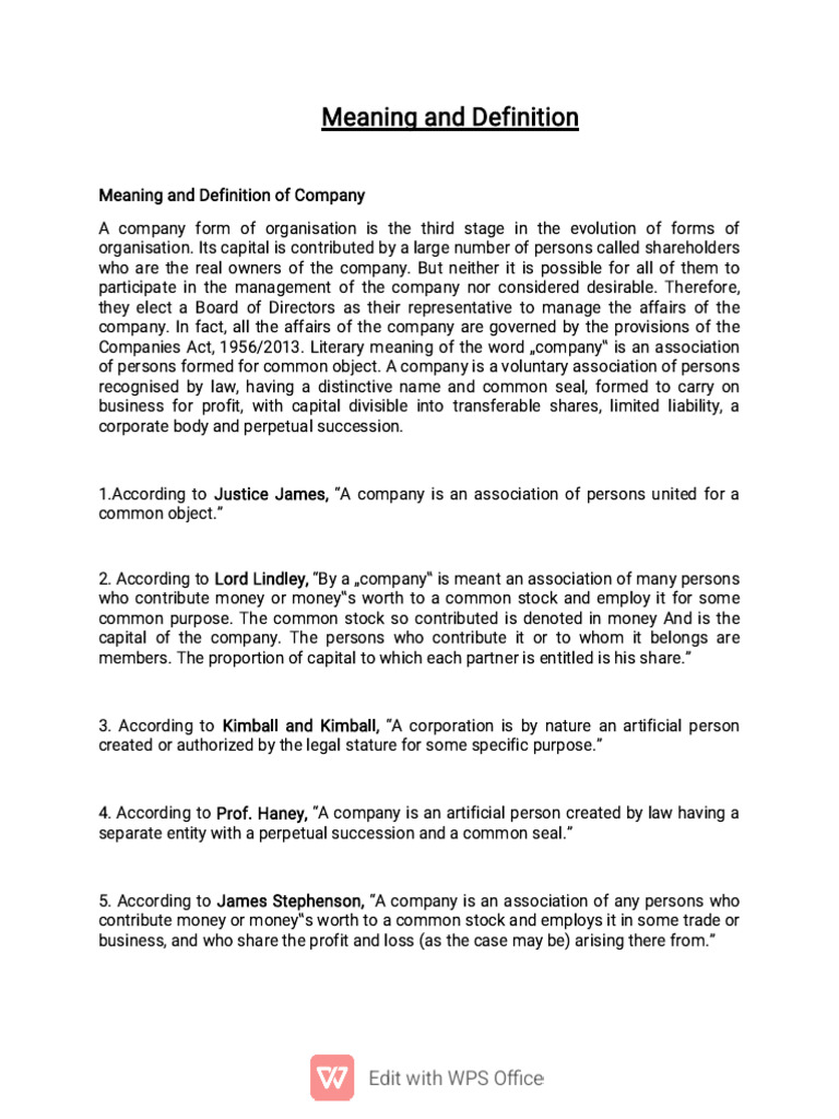 Meaning and Defination and Characteristics of Company | PDF | Companies ...