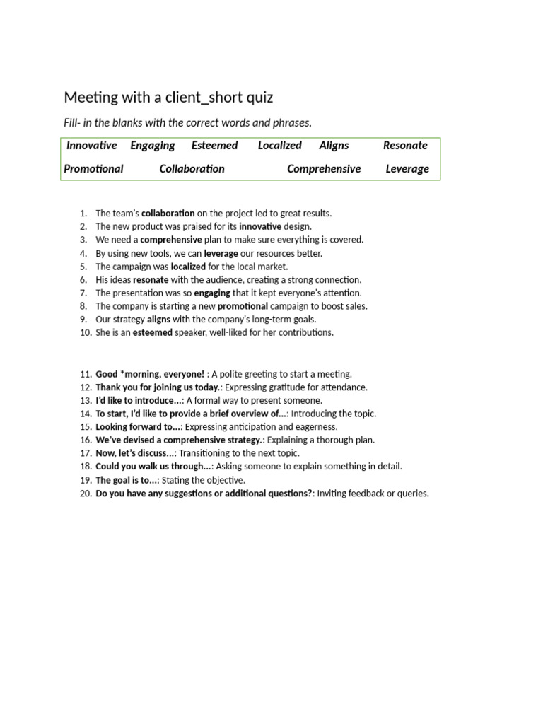 Meeting With A Client - Short Quiz | PDF