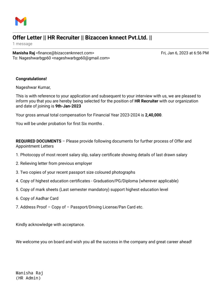 HR Recruiter Offer Letter - Bizaccen Knnect | PDF