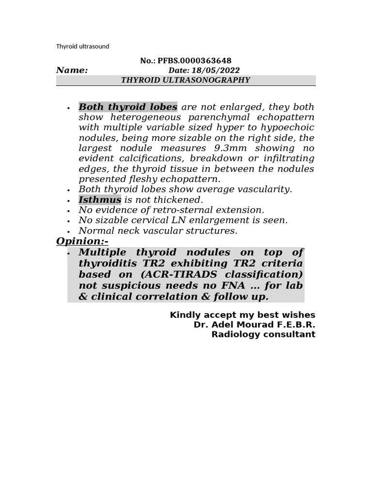 Thyroid Ultrasound Report Summary | PDF