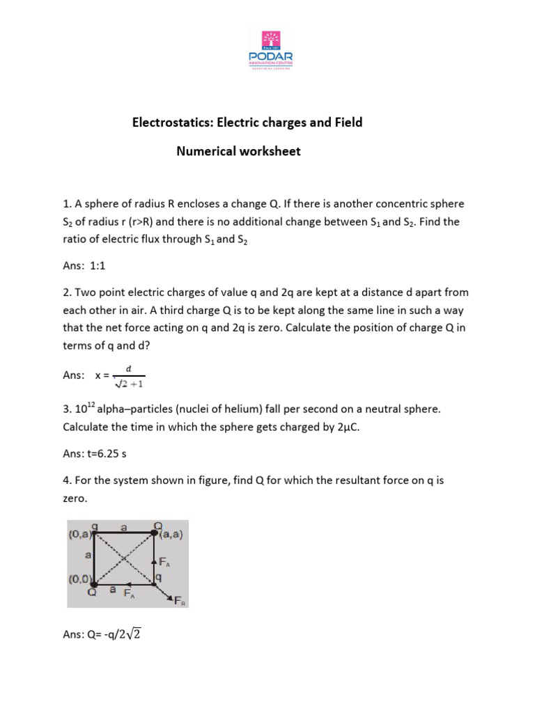 XII - Electric Charges and Field - Numerical Worksheet | PDF