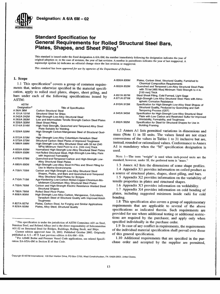 ASTM A 6 A 6M 02 General Requirements For Rolled Structural | PDF