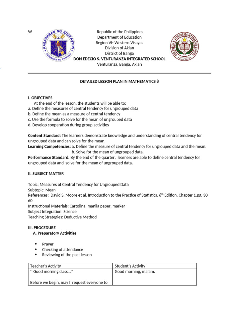 Detailed Lesson Plan: Mean in Math 8 | PDF | Mean | Lesson Plan