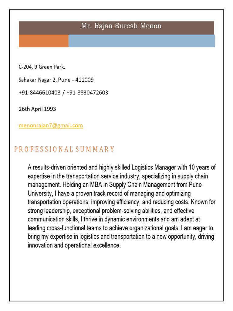 Logistics Manager Resume - Rajan Menon | PDF | Regulatory Compliance ...