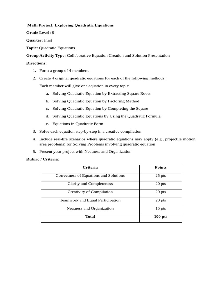 Collaborative Quadratic Equations Project | PDF