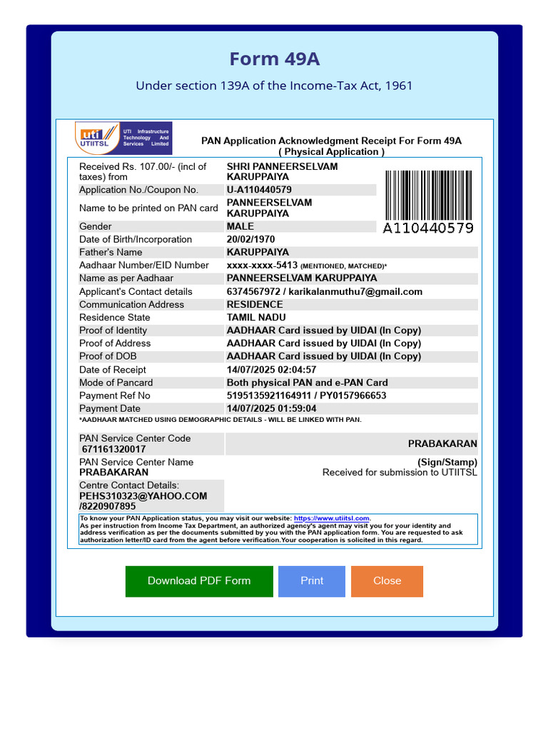 PAN Application Acknowledgment Receipt | PDF