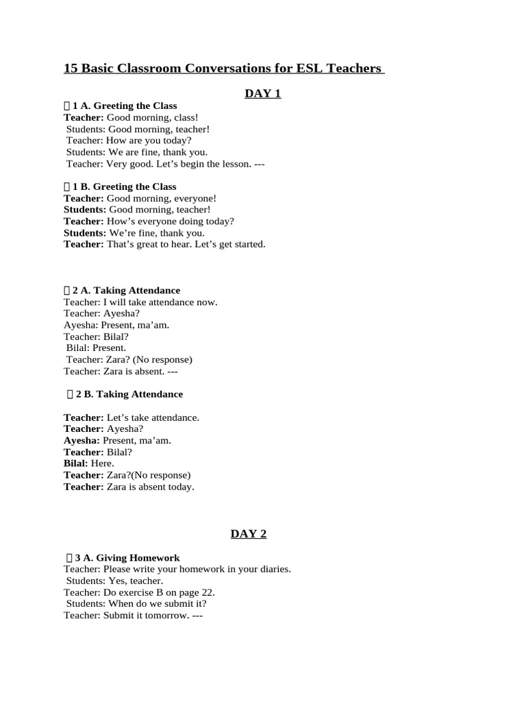 ESL Classroom Conversation Examples | PDF