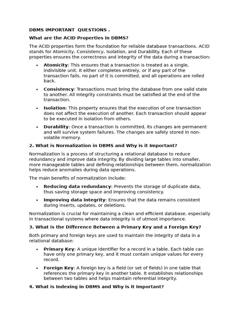Key DBMS Concepts and Questions | PDF | Database Index | Databases