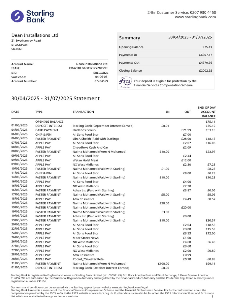Starling Bank Statement Overview | PDF | Apple Pay | Payments