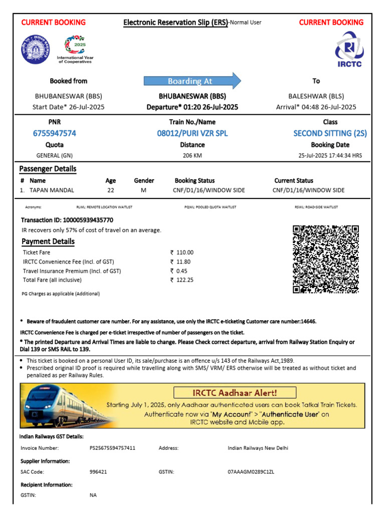 08012/PURI VZR SPL Second Sitting (2S) | PDF | Identity Document | Payments
