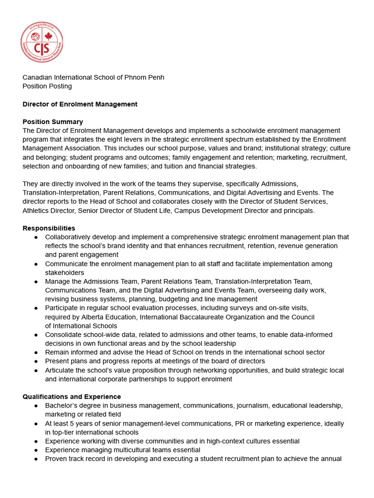 Position Description - Director of Enrolment Management | PDF ...