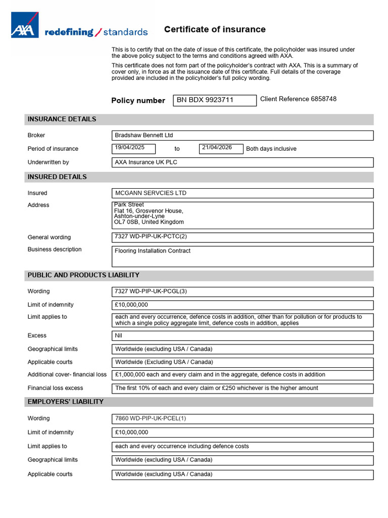 AXA Employers Liability Insurance Certificate | PDF | Insurance | Indemnity