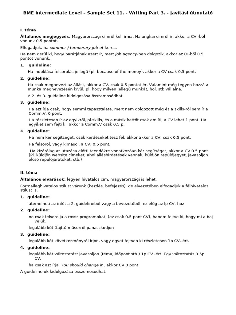 11 BME Intermediate Level - Writing Part 3. - Javítási Útmutató | PDF