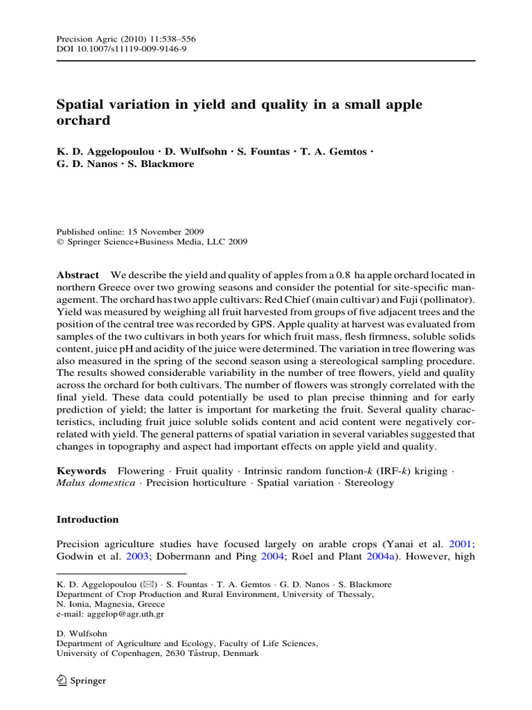 Agbelopoulou Et Al 2010 Spatial Variation in Yield and Quality | PDF ...