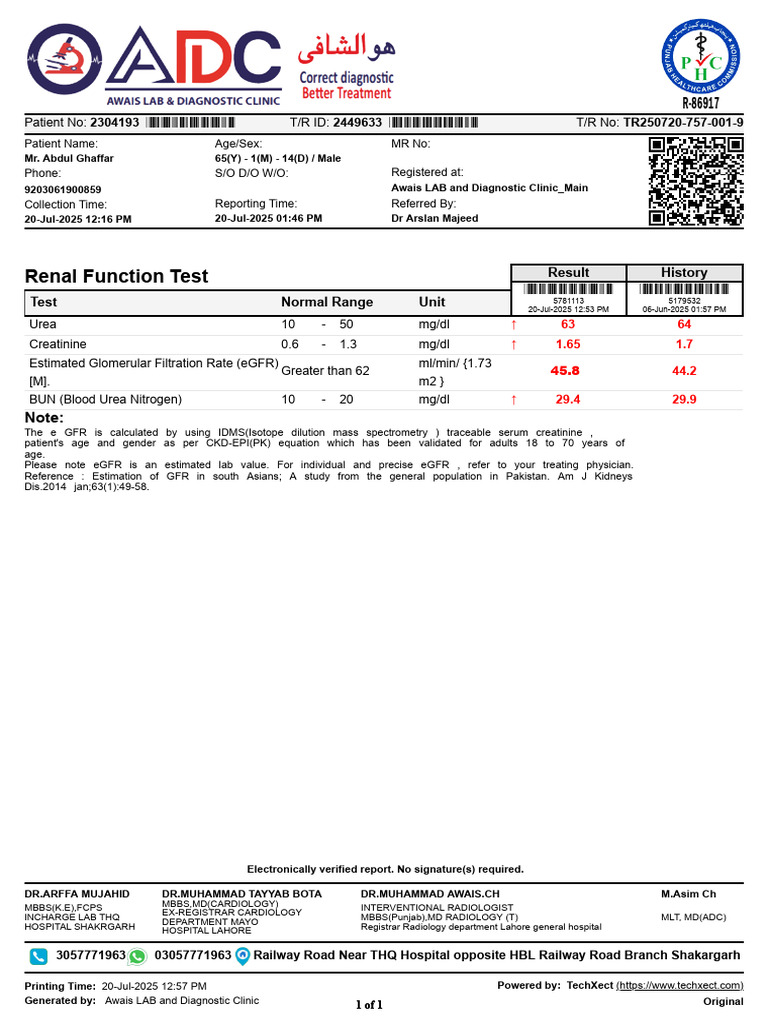 Renal Function Test: Result History Test Normal Range Unit | PDF ...