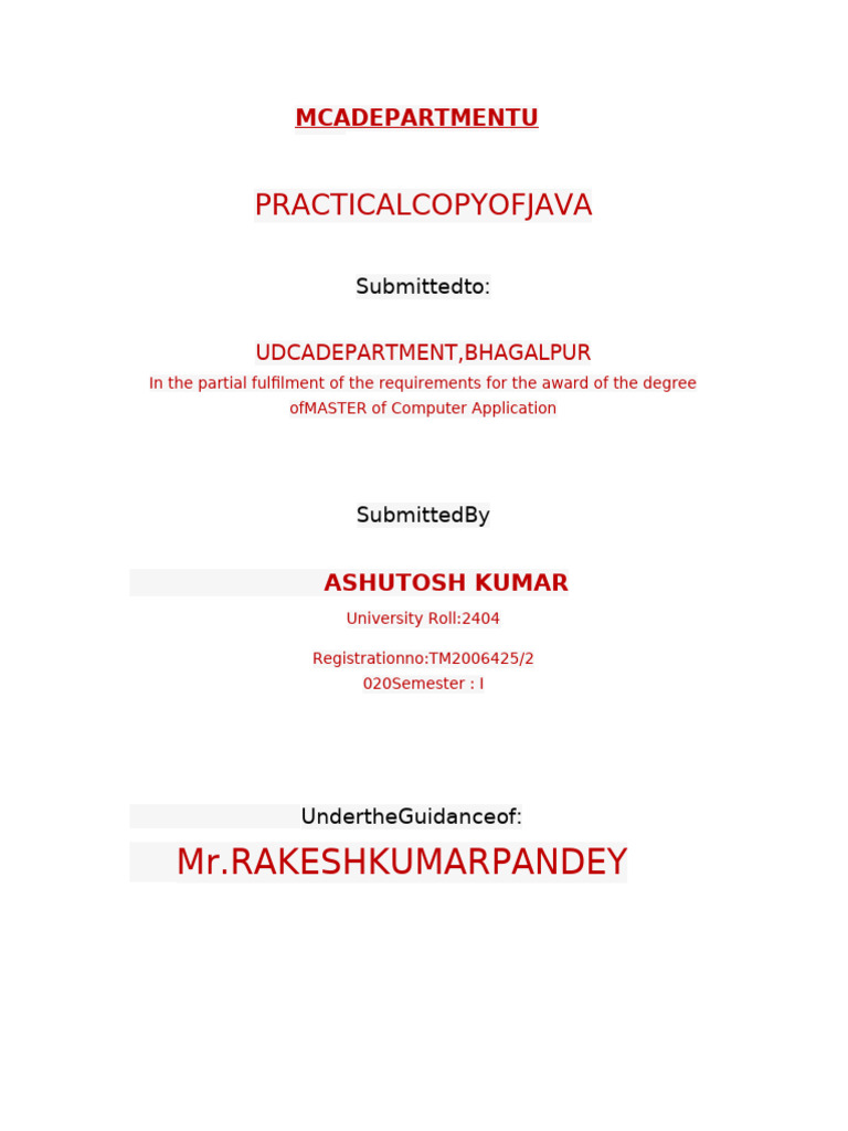 MCA Practical Copies: Java & DSA Projects | PDF