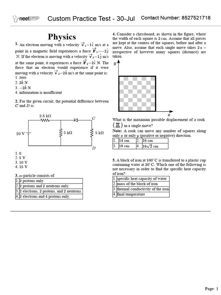 Physics Practice Test Questions | PDF | Force | Chlorine