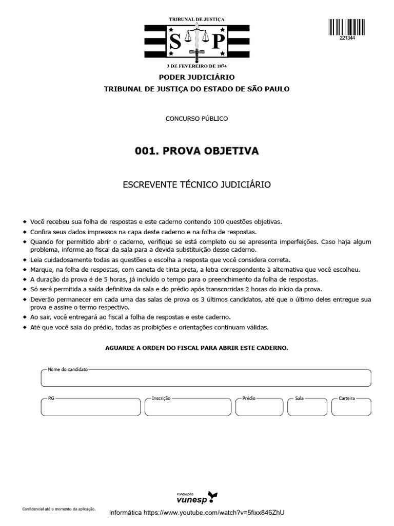 Prova Objetiva Escrevente TJSP 2024 | PDF